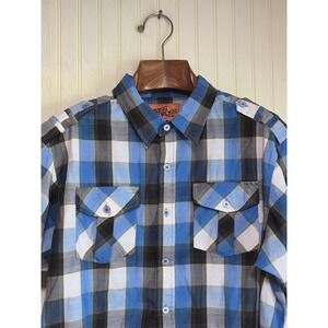 Swiss‎ Cross Shirt Mens 2XL Blue Plaid Short Sleeve Button Up Pockets Casual